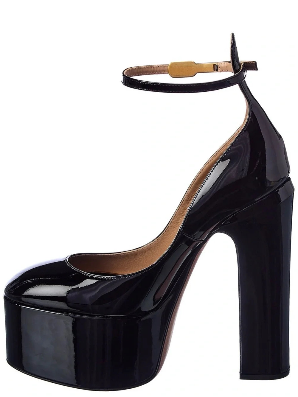 Valentino Black Patent Platform Pump with Gold Accent Ankle Strap